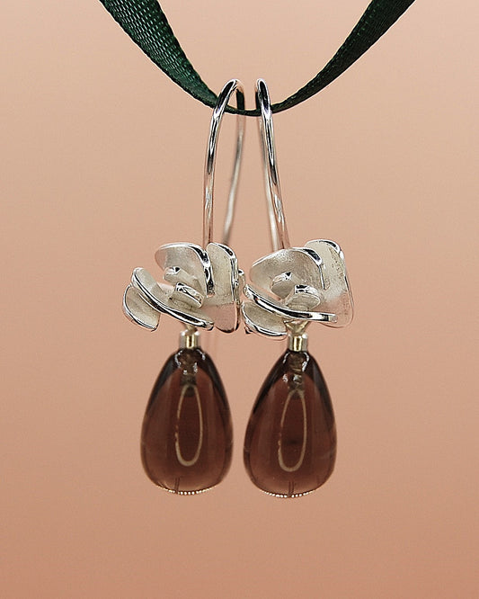 oorhangers rosa met rookkwarts druppels